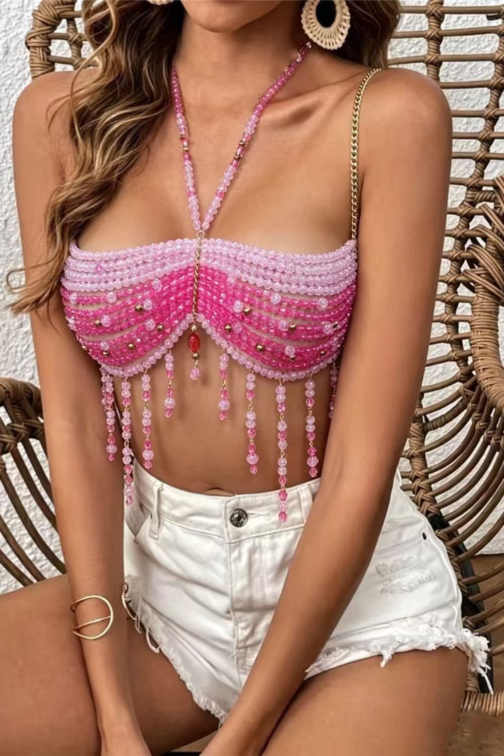 Pink Beaded Rhinestone Crop Top