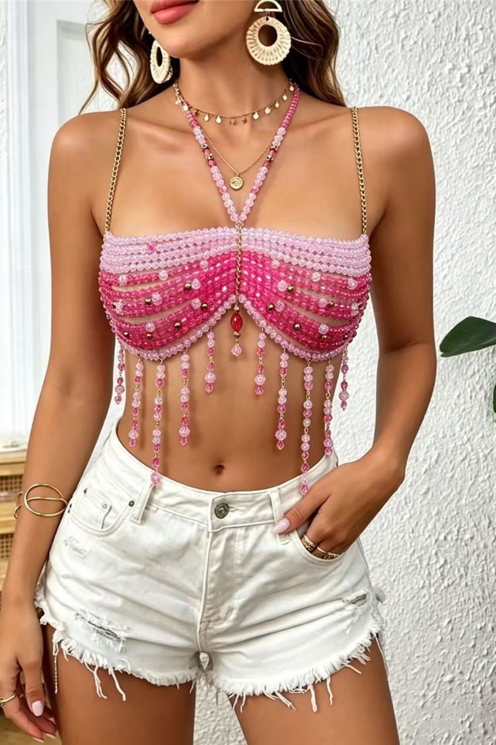 Pink Beaded Rhinestone Crop Top