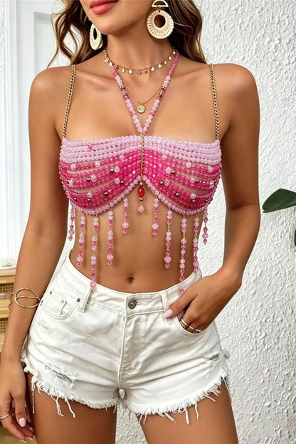 Pink Beaded Rhinestone Crop Top