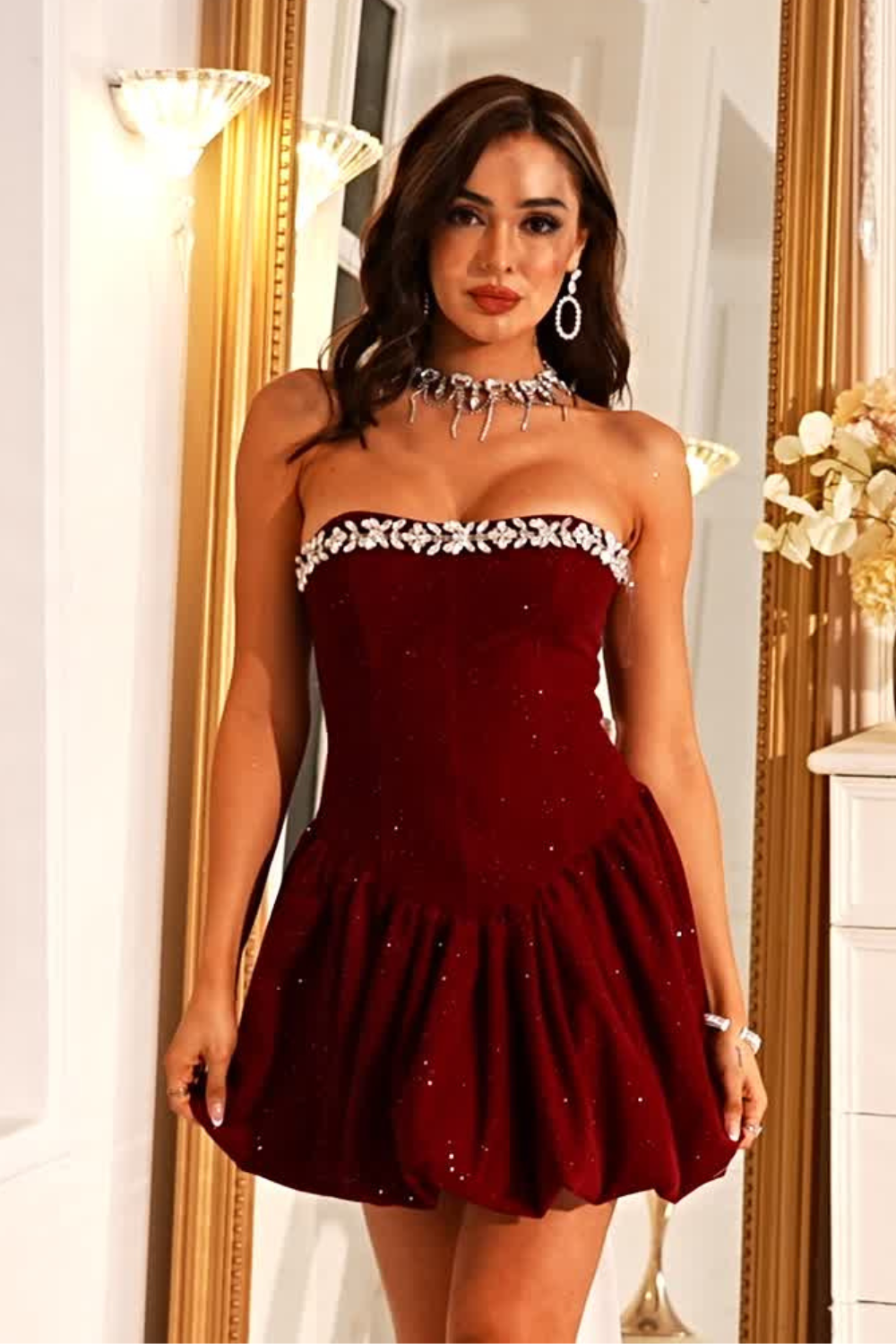 Ruby Sparkle Strapless Bow Back Mini Dress