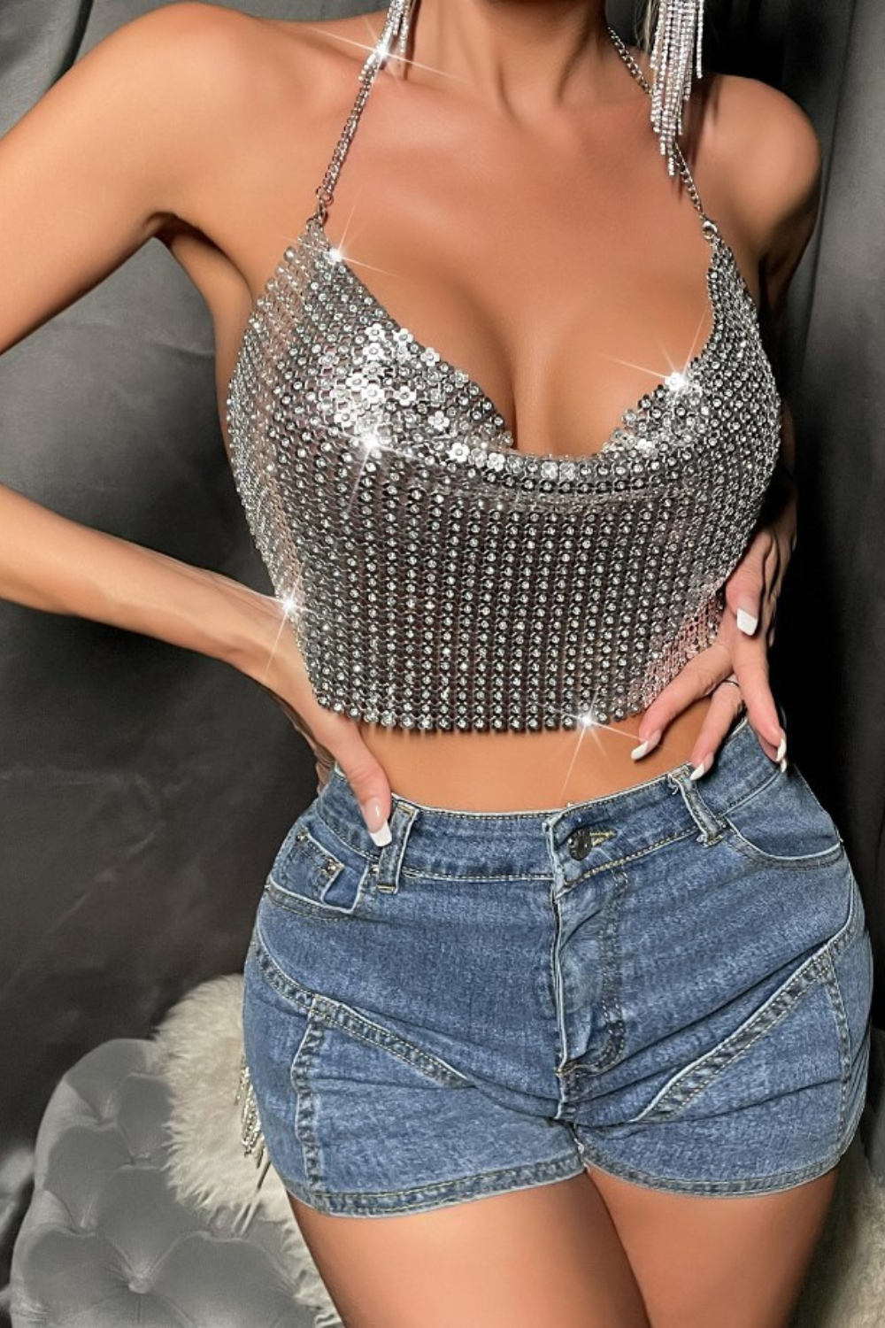 Silver Flash Drill Halter Top