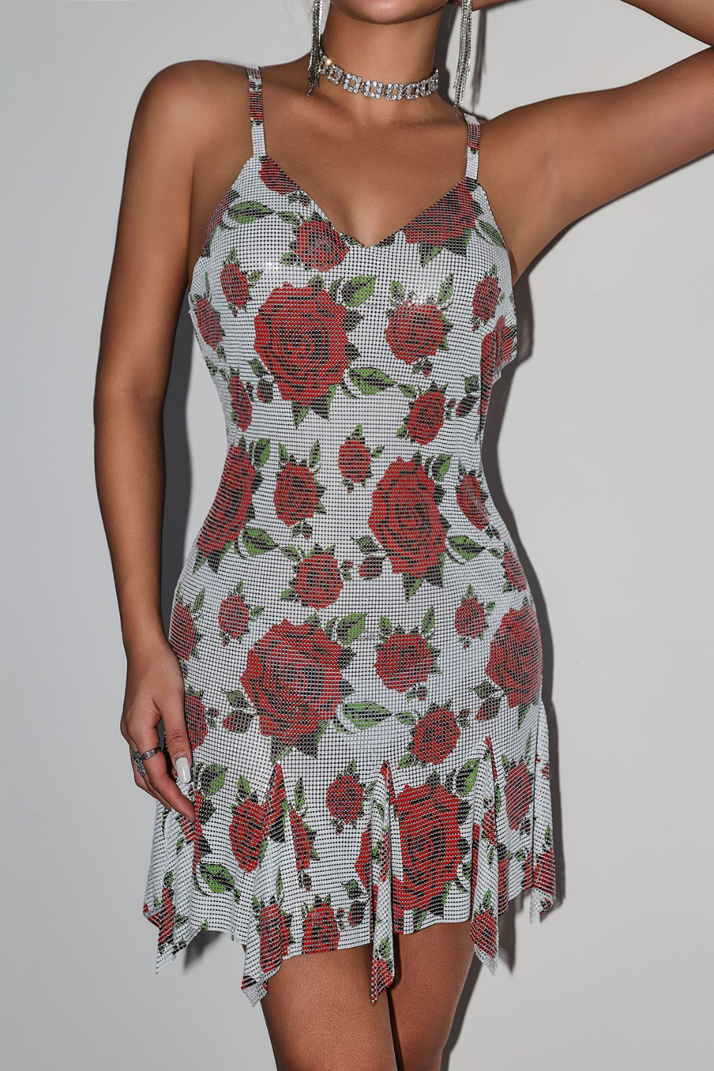 Printed Glitter Backless Chainmail Dress