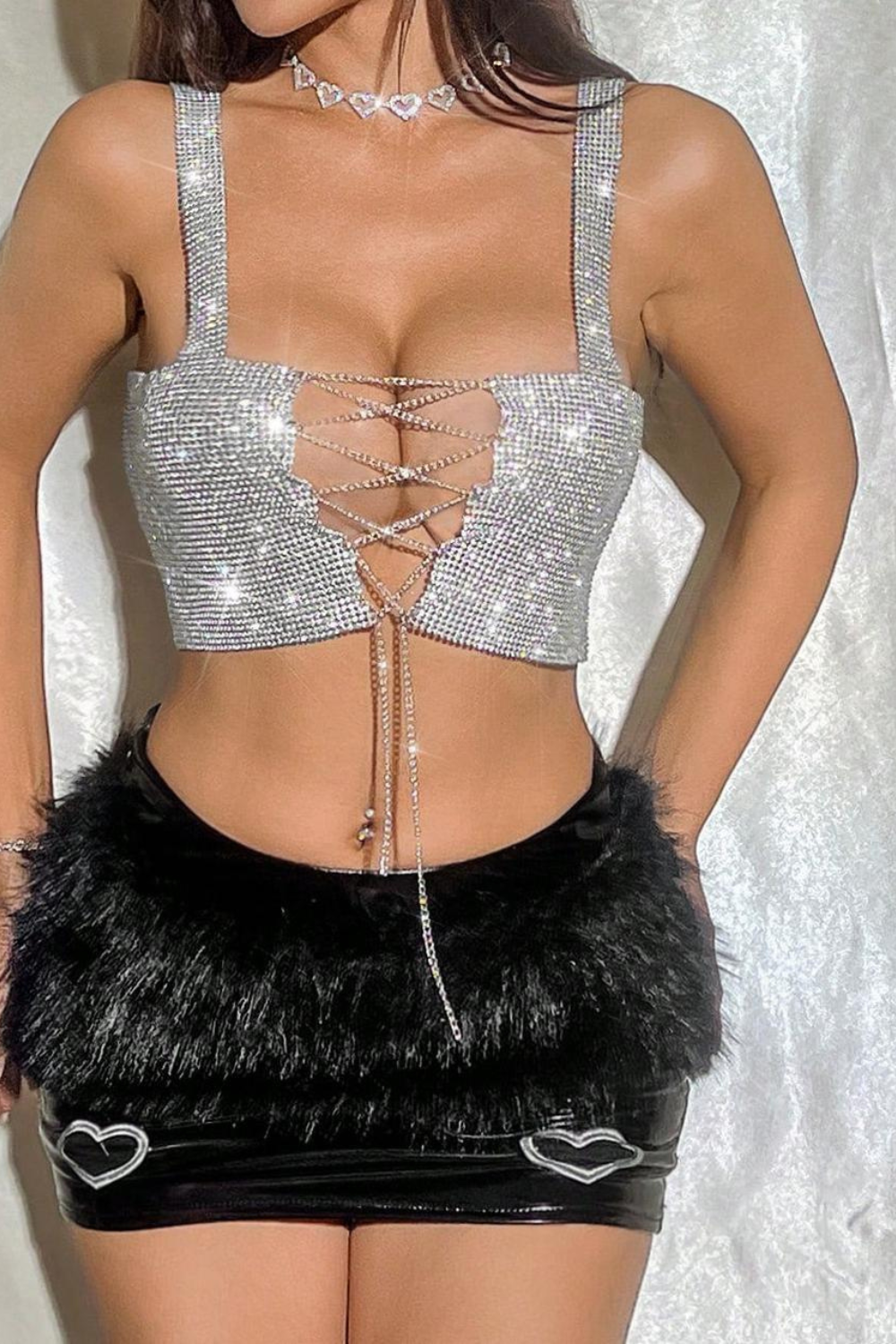 Rhinestone Lace-Up Crop Cami Top