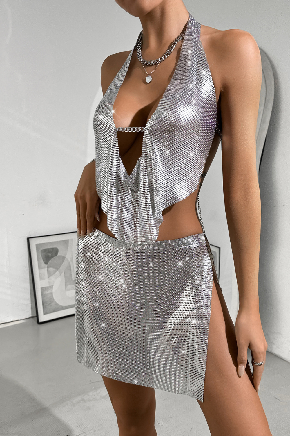Dramatic Silver Cutout Halter Skirt Set