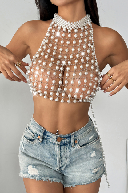 Pearl Hanging Neck Hollowout Top