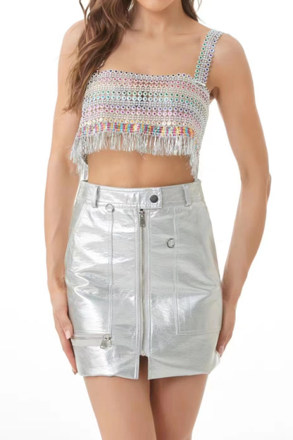 Iridescent Sequin Fringe Crop Top