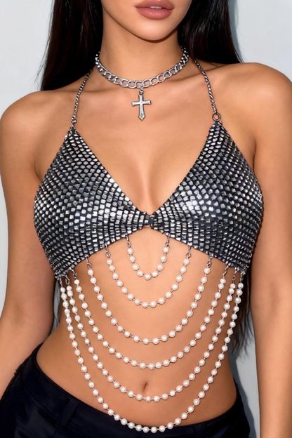 Metallic Chain Bikini with Pearl Details