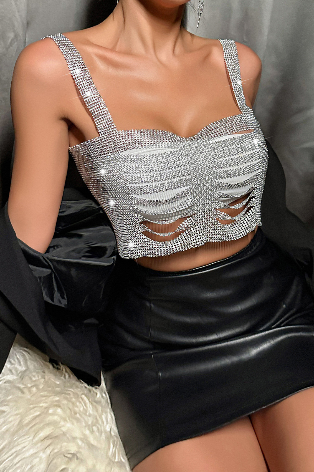 Silver Hollow Out Halter Top