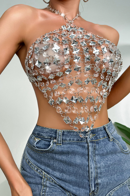 White Halter Neck Gem Cami Top