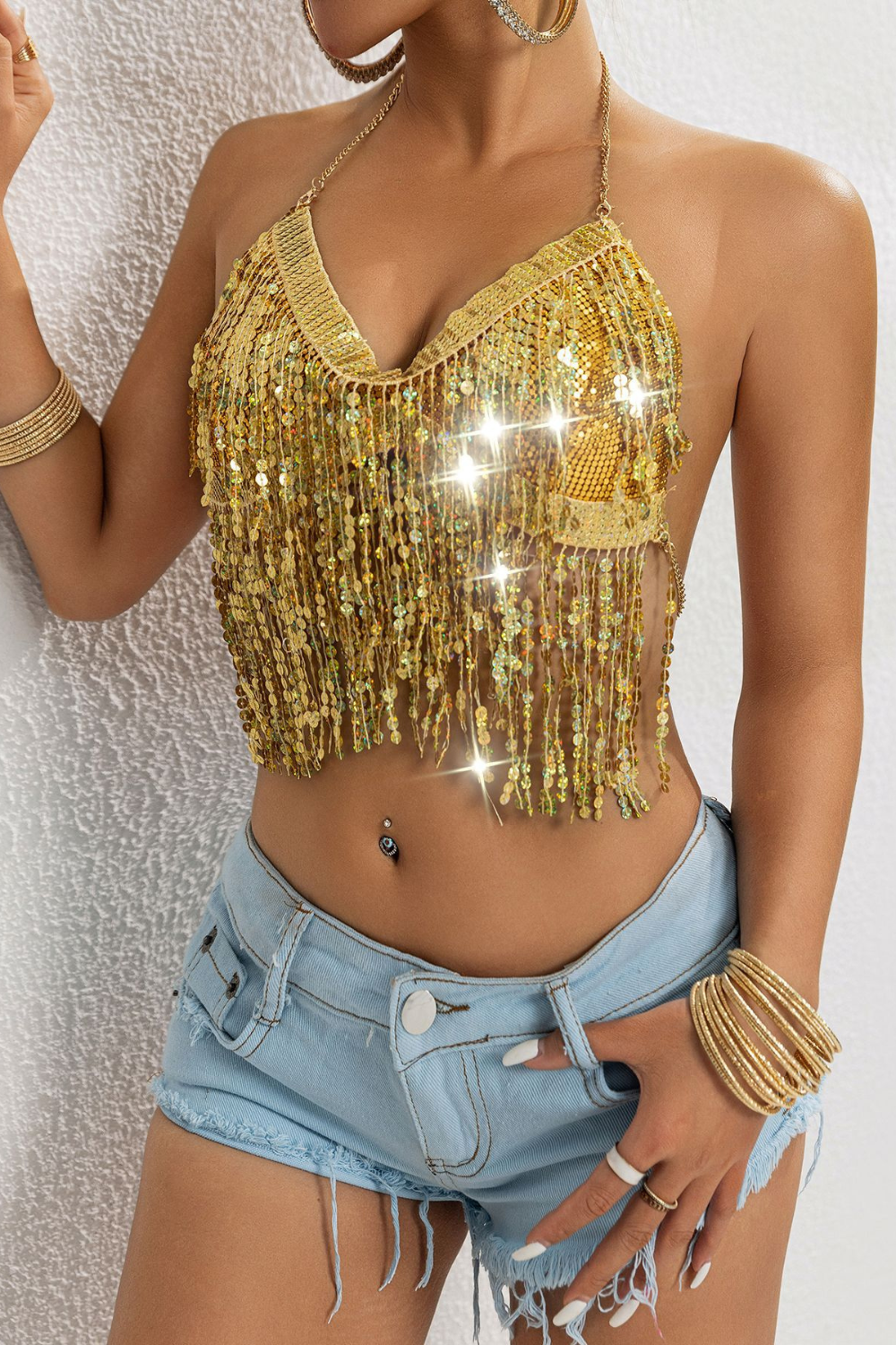 Tassel Sequins V Neck Top