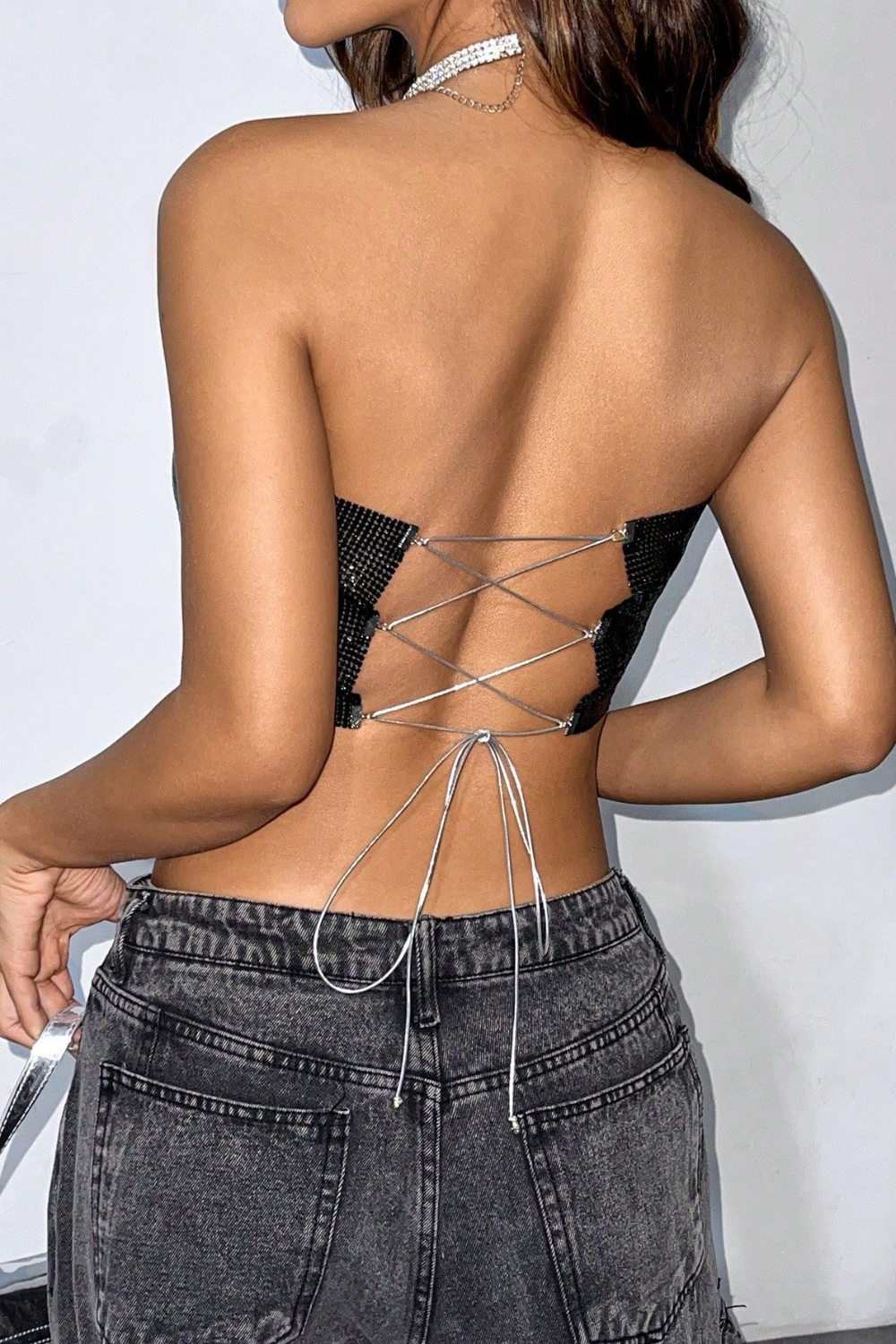 Rhinestone Strapless Crop Top