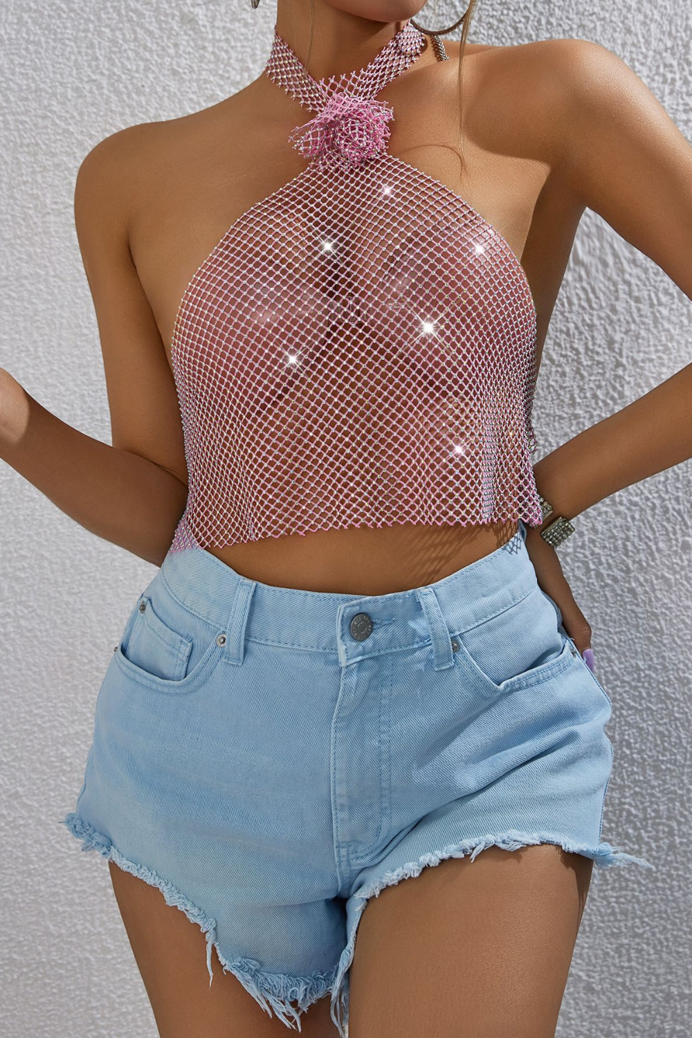Glisten Mesh Sequin Top -  Pink