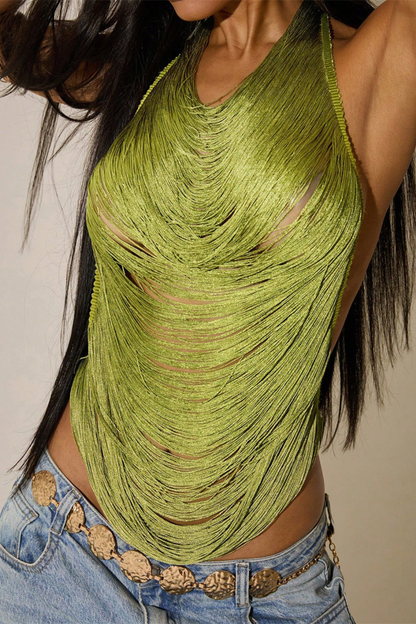 Olive Green Fringe Halter Top