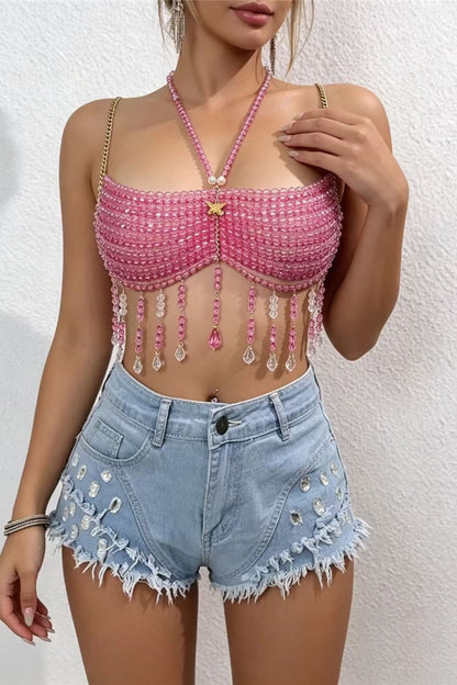 Pink Crystal Fringe Cami Top