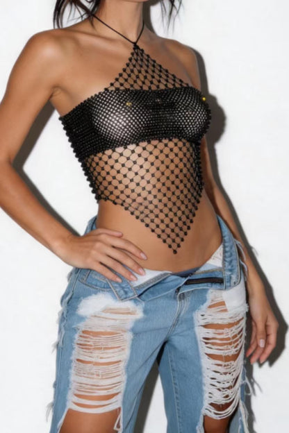 Rhinestone Mesh Halter Crop Top