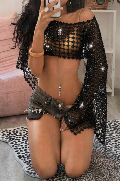 Sequin Crochet Off-Shoulder Top