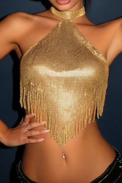 Metallic Glitter Chainmail Fringe Top