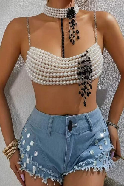 Pearl Beaded Tassel Crop Top