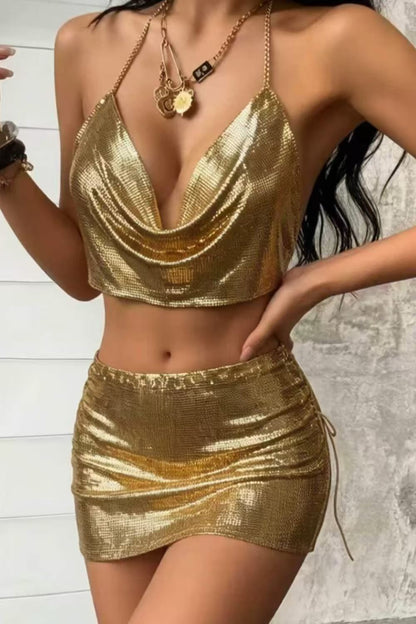 Gold Metallic Crop Top & Mini Skirt Set