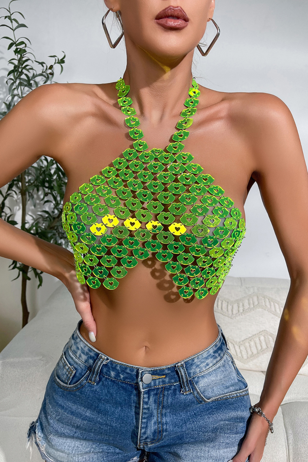 Green Love Halter Fish Scale Top