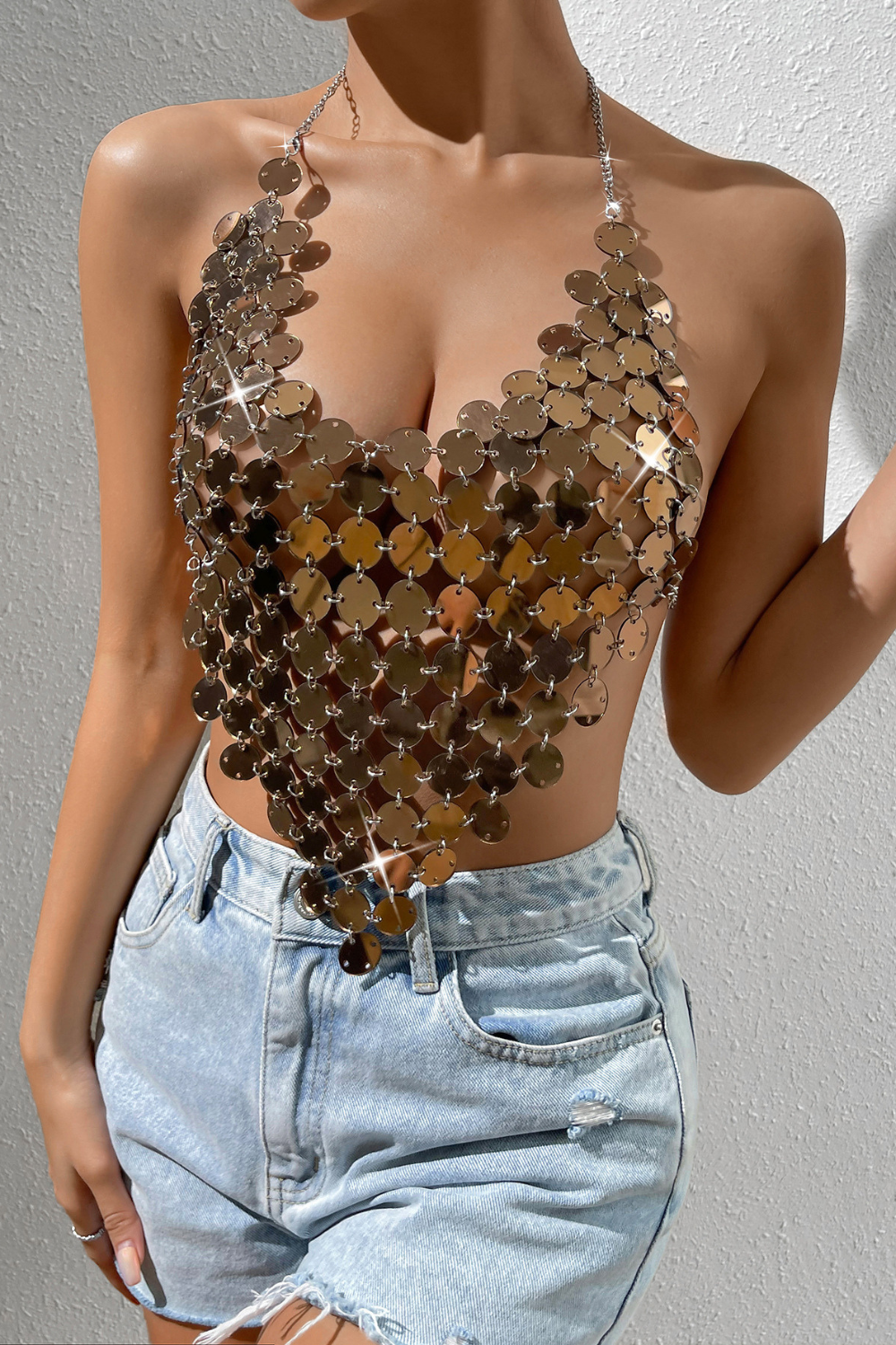 Brown V Neck Fish Scale Top