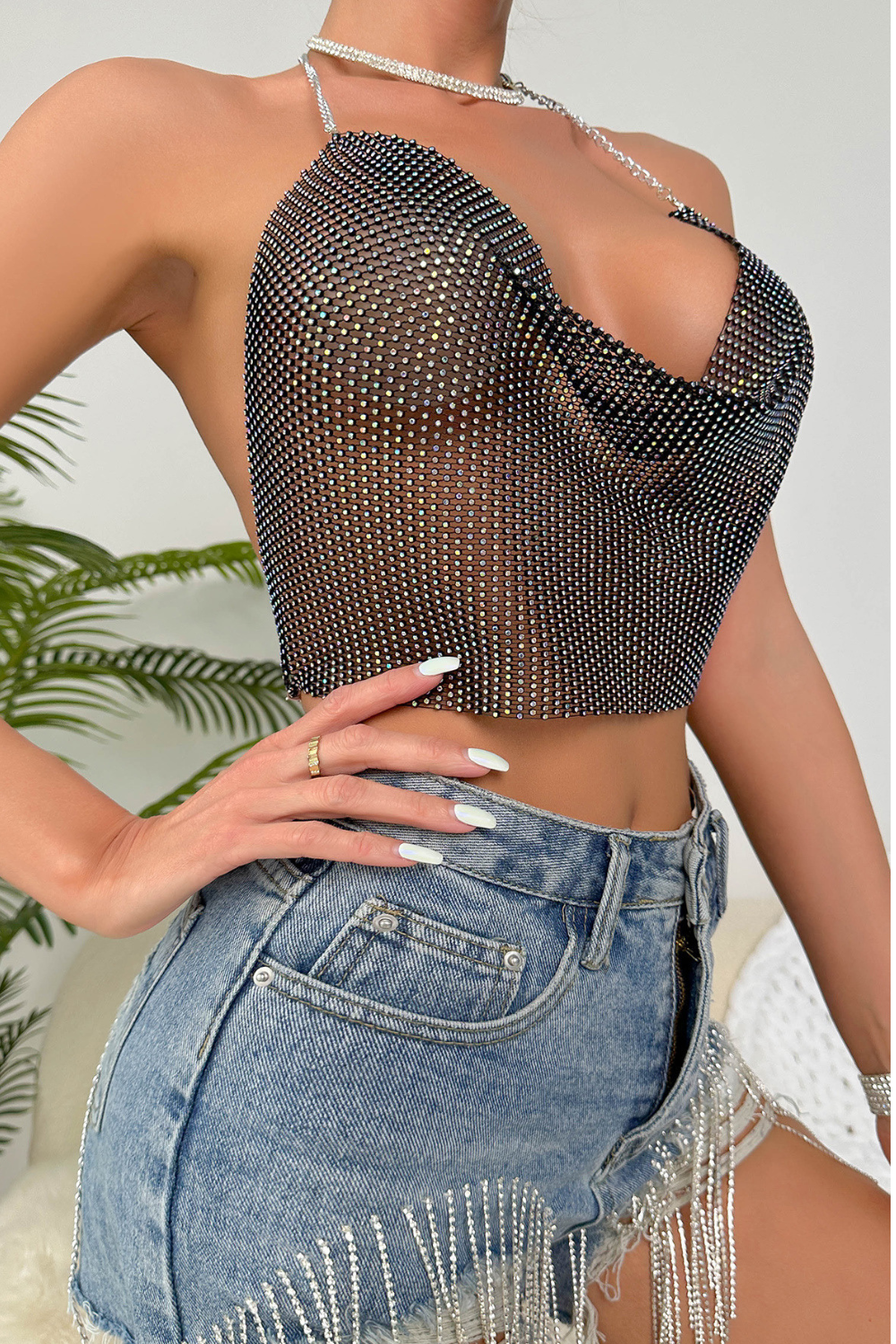 Black Glisten Mesh Halter Top