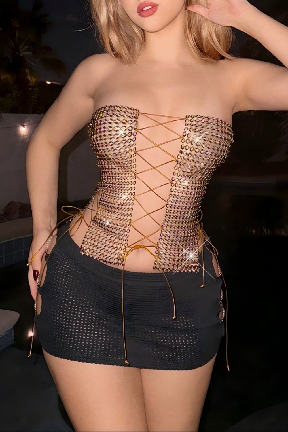 Flash Diamond Lace-Up Strapless Corset Top