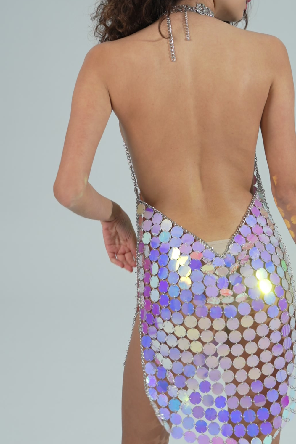 Gradient Blue Sequin Backless Dress