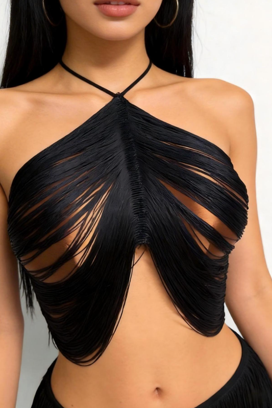 Sheer Fringe Crop Halter Top