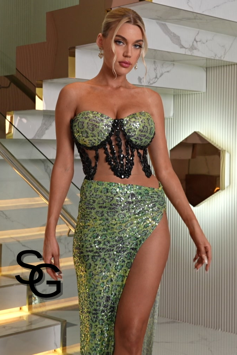 2Pcs Green Snake Print Maxi Dress Set