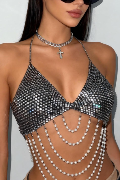 Metallic Chain Bikini with Pearl Details