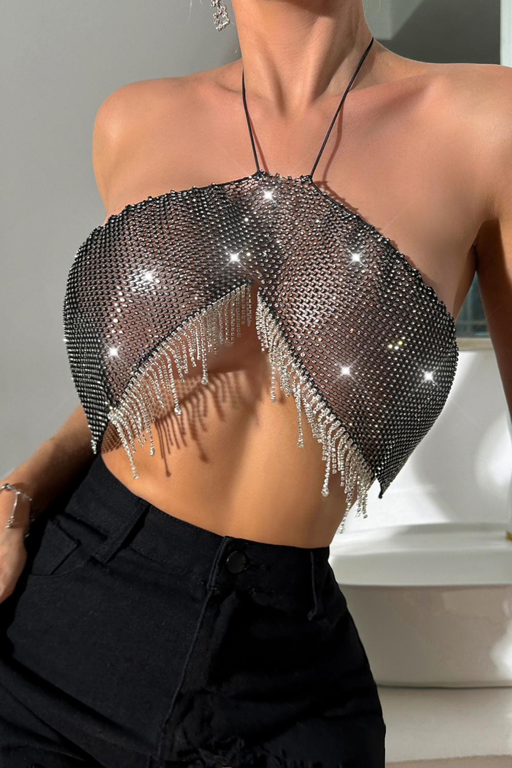 Glisten Mesh Diamond Tassel Top