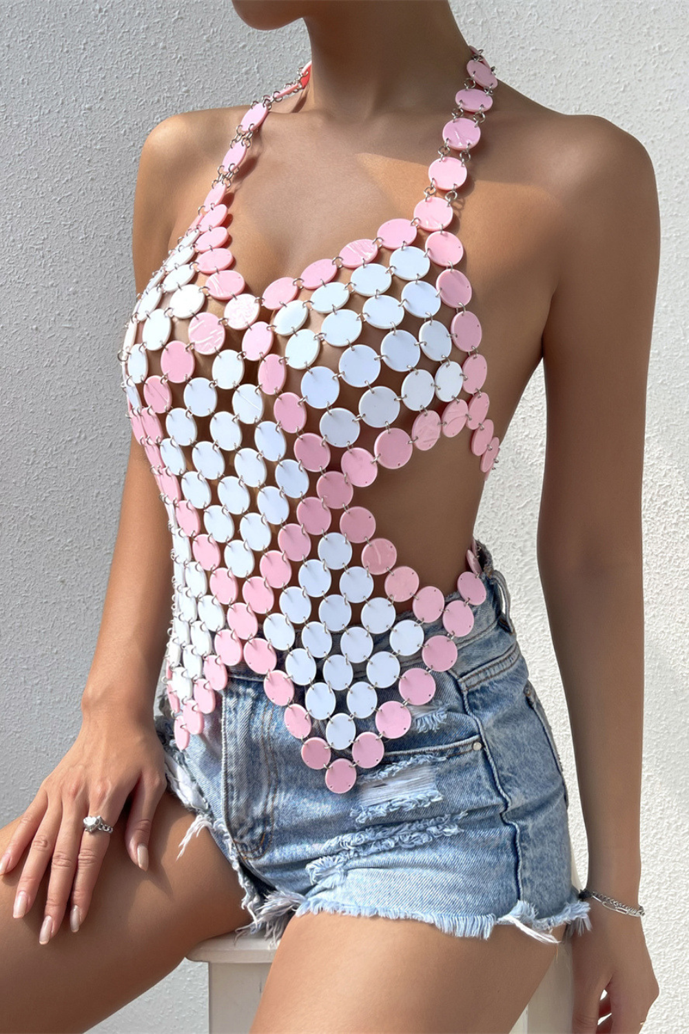 Pink And White Patchwork Fish Scale Top