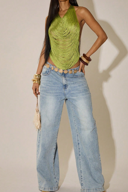Olive Green Fringe Halter Top
