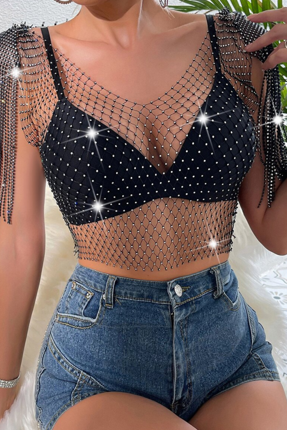 Black Rhinestone Fringe Mesh Crop Top