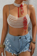 Pearl Beaded Tassel Crop Top