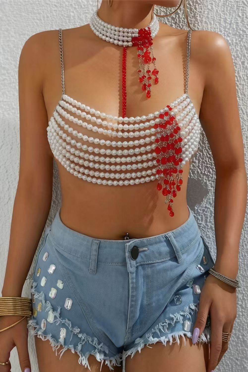 Pearl Beaded Tassel Crop Top