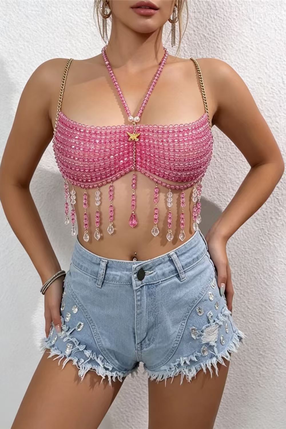 Pink Crystal Fringe Cami Top