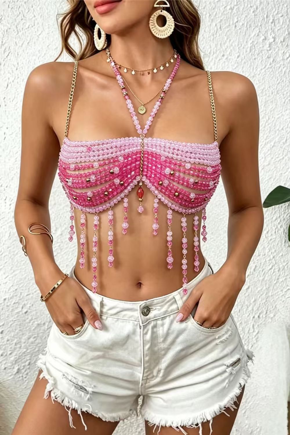 Pink Beaded Rhinestone Crop Top