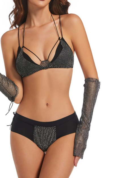 Rhinestone Mesh Bikini 3-Piece Set