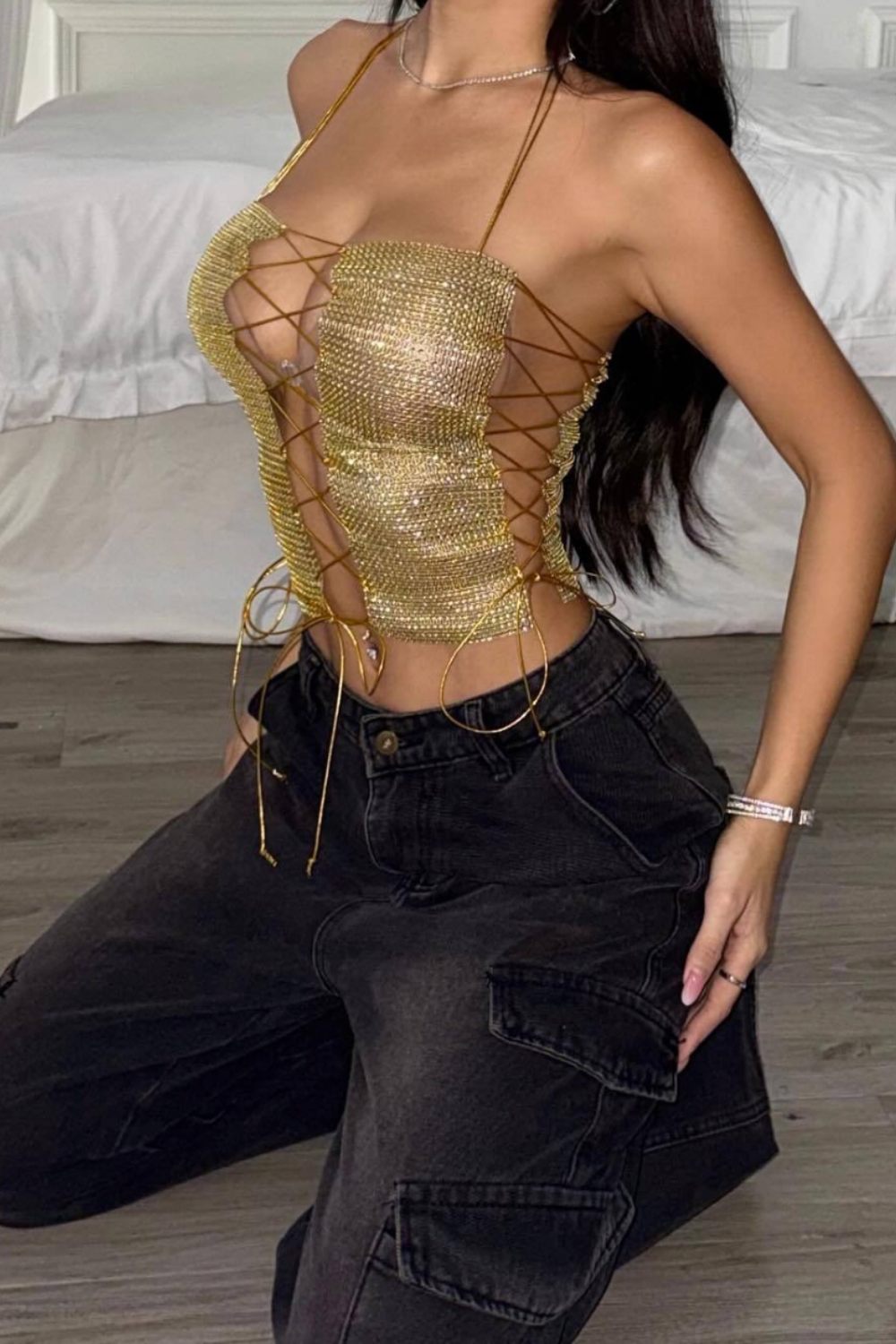 Metallic Lace-Up Gold Halter Crop