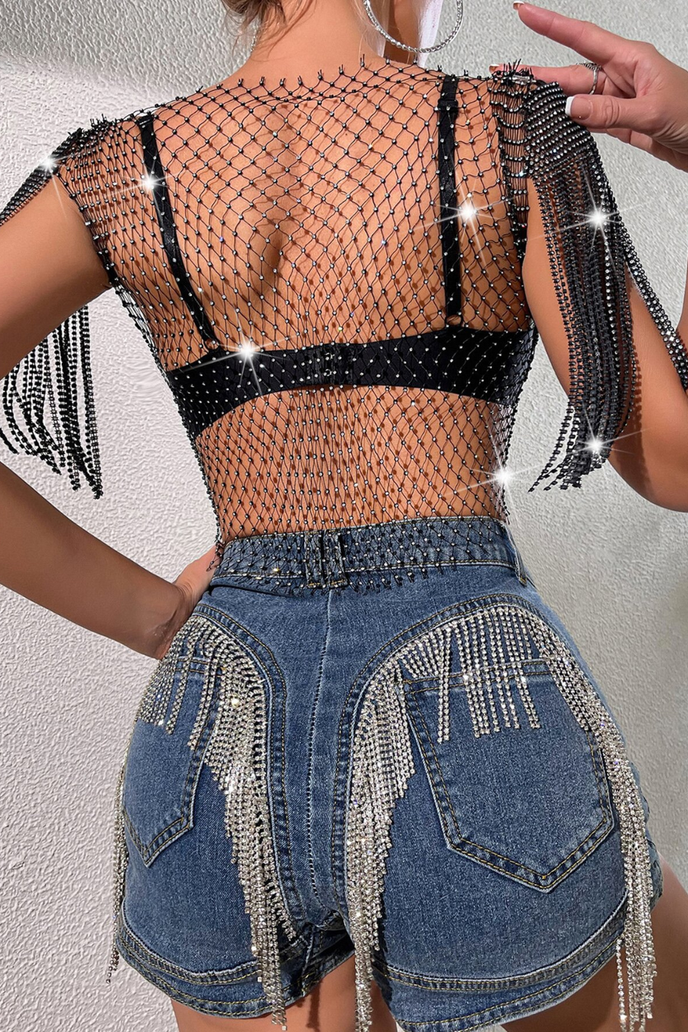 Black Rhinestone Fringe Mesh Crop Top