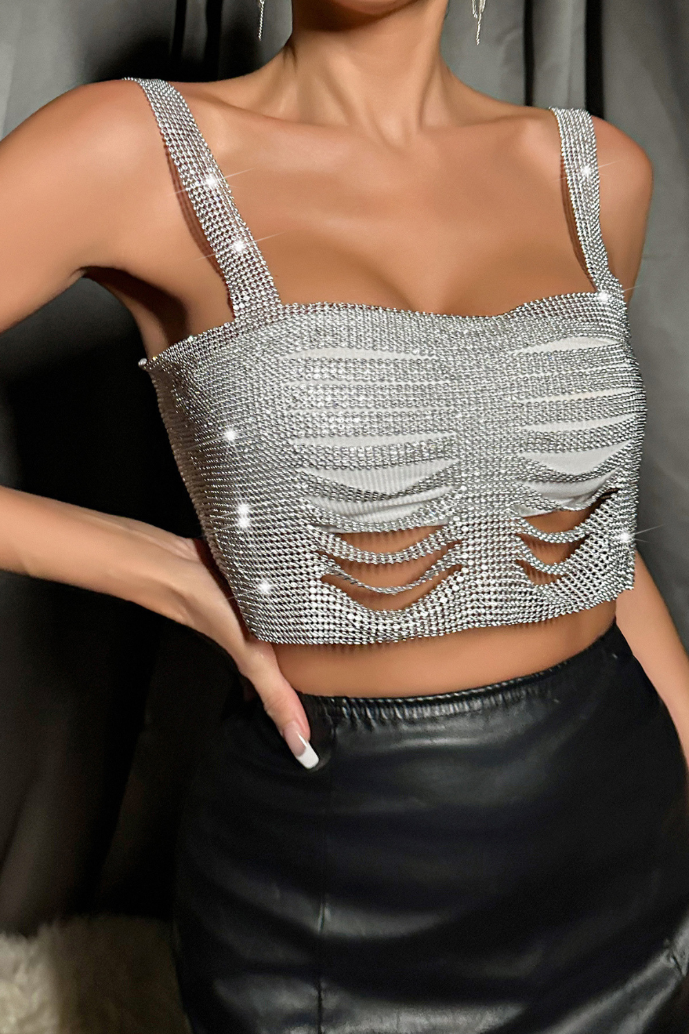 Silver Hollow Out Halter Top