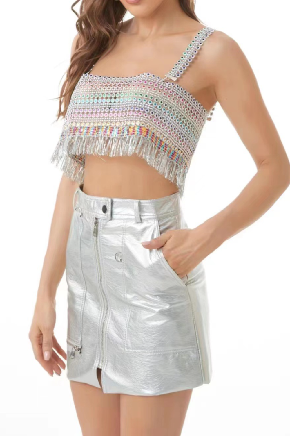 Iridescent Sequin Fringe Crop Top