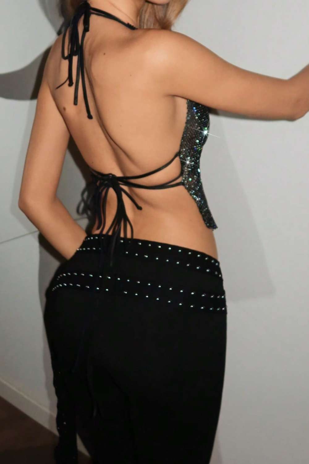 Sparkling Rhinestone Mesh Halter Top