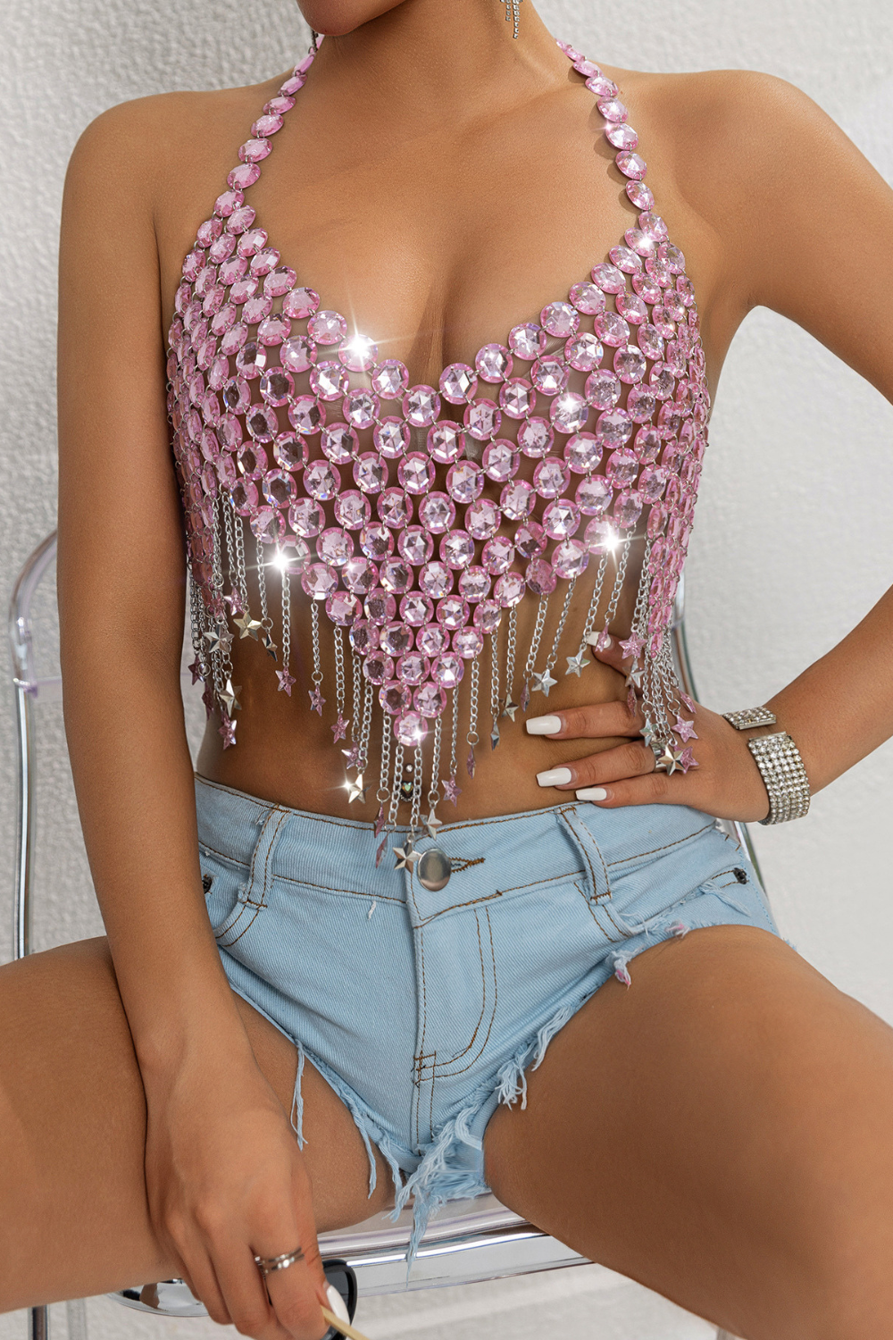 Pink Gem Tassels V Neck Top