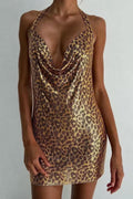 Leopard Print Sequin Cowl Neck Mini Dress