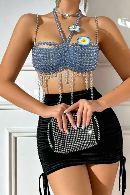 Blue Crystal Beaded Tassel Crop Top