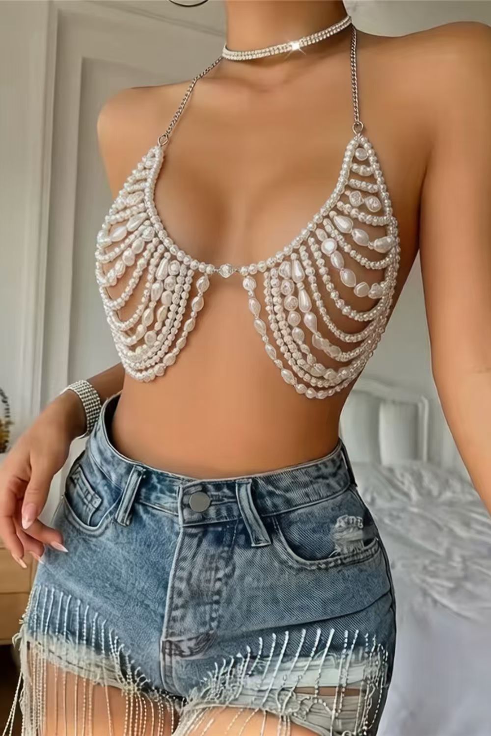 Pearl Beaded Halter Bralette Top