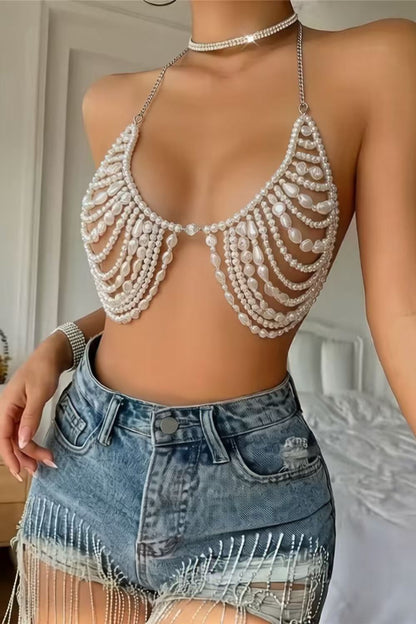 Pearl Beaded Halter Bralette Top